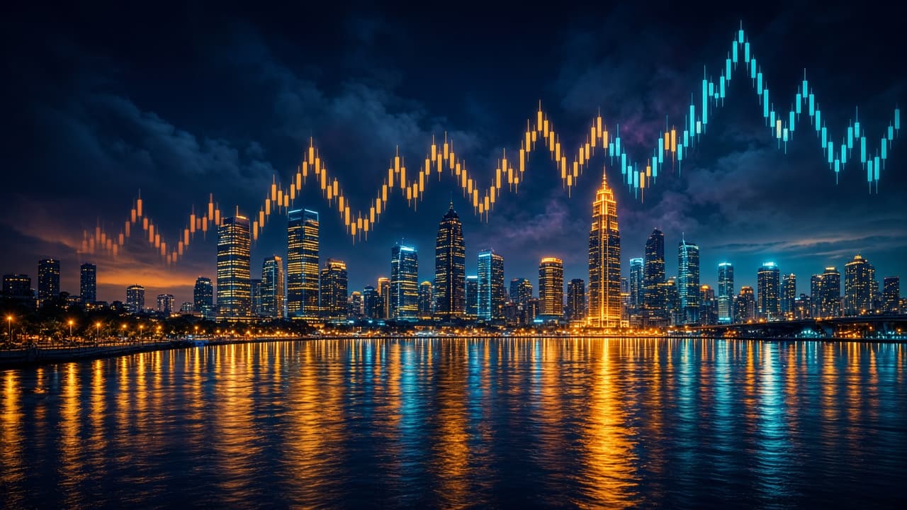 Night city lights in orange, gold, and teal